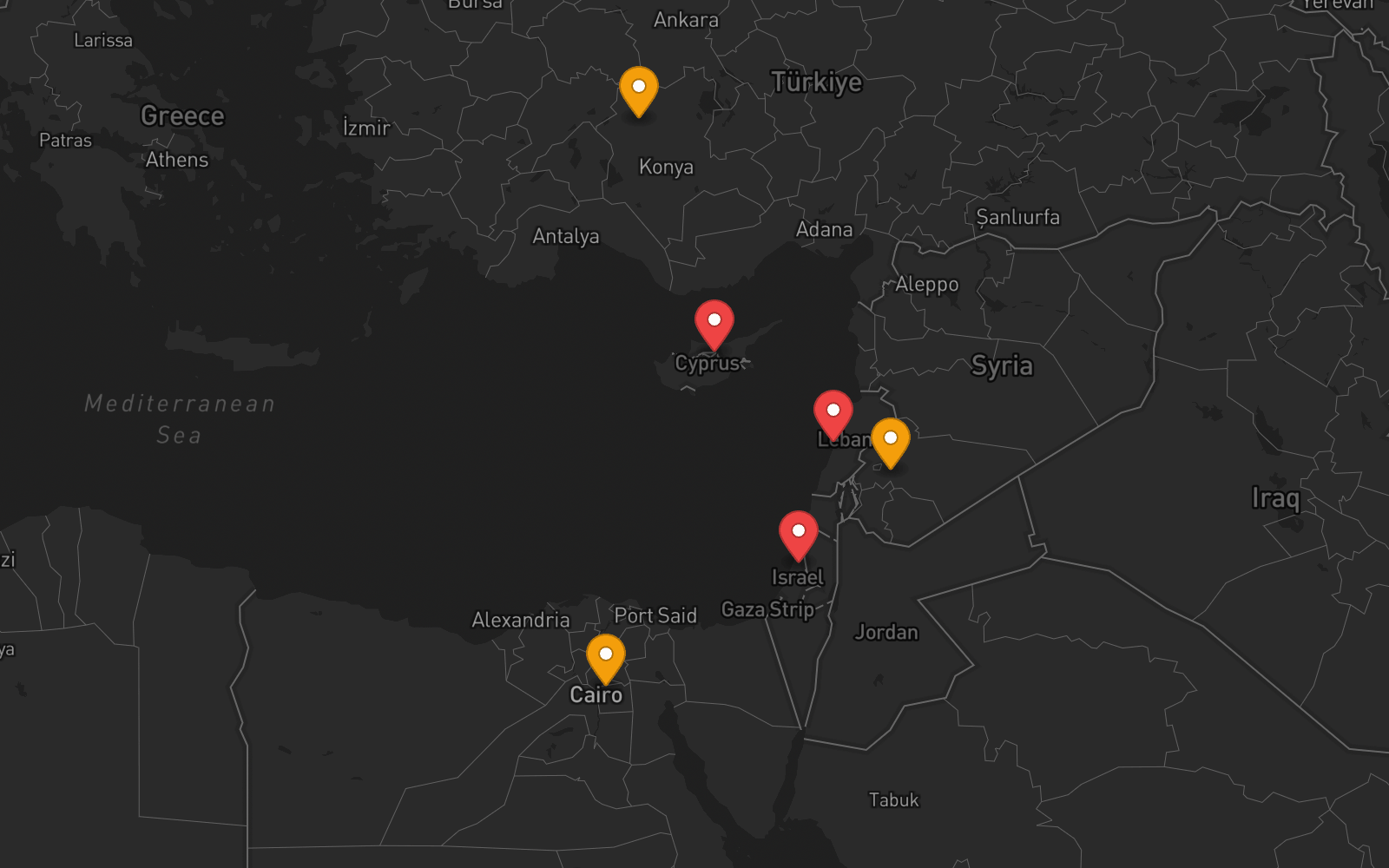 GPS interference zones — Eastern Mediterranean (persistent, ongoing)